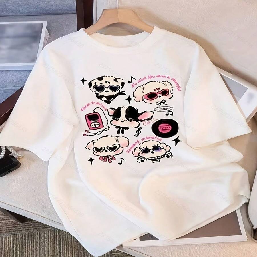 Women's White Short Sleeve Cotton T-Shirt With Fun Cartoon Dog Print, Casual Round Neck Regular Hem Top, High Stretch Comfortable Summer Tee - 白色 - 查看 1