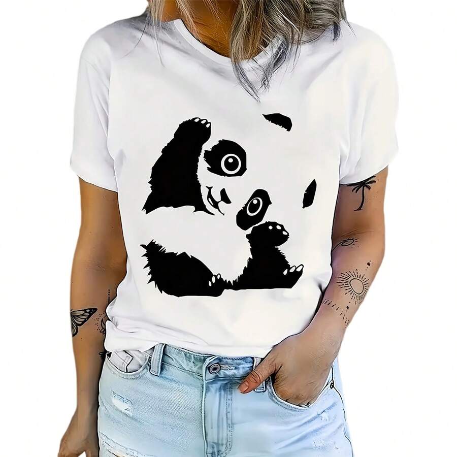 Camiseta blanca de manga corta con estampado de panda para mujer, corte casual y ajuste regular, ideal para uso diario. - Blanco - Ver 1