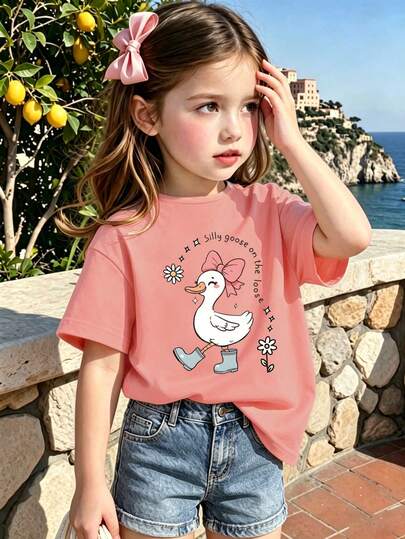 Áo thun ngắn tay cho bé gái in chữ, khẩu hiệu, nơ, vịt và hoa, thích hợp mặc mùa hè.