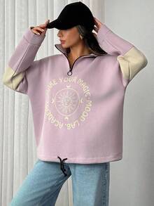 Printed, Half Zip- Drawstring Waist, Sweatshirt - Pink - View 3