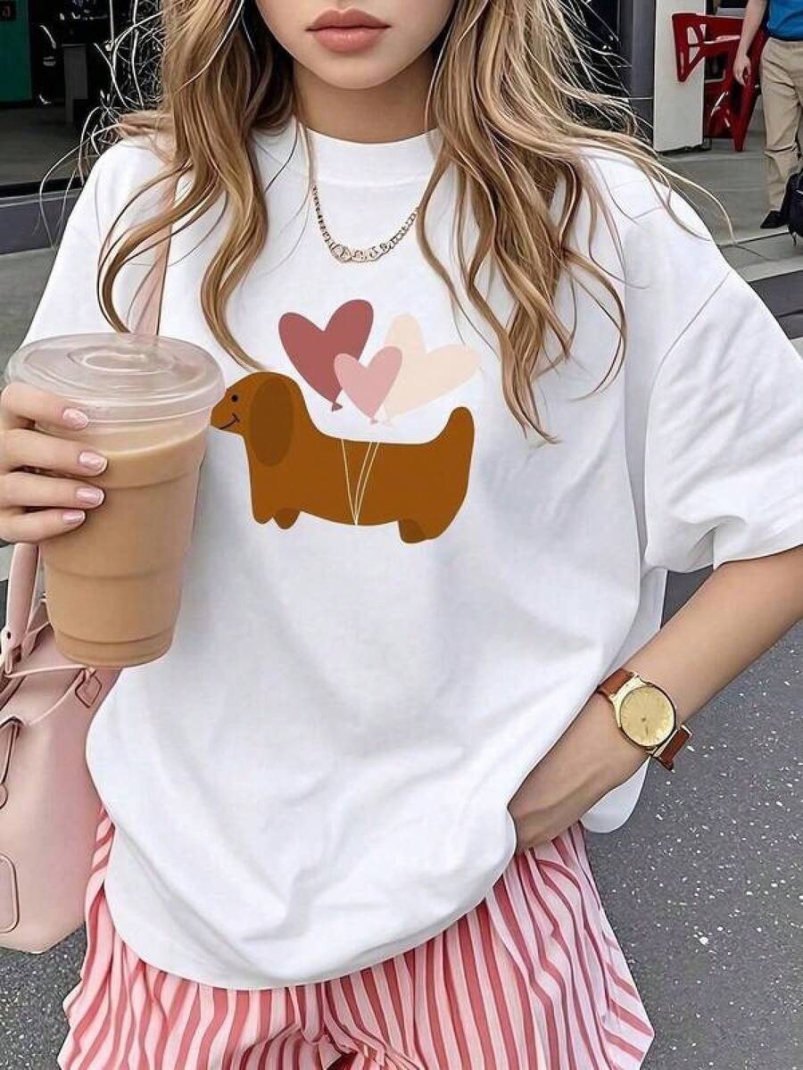 Camiseta de mujer estampada de manga corta para verano, tela de poliéster, estilo multifuncional, corte regular, peso 180 gramos, 1 unidad. - Negro - Ver 1