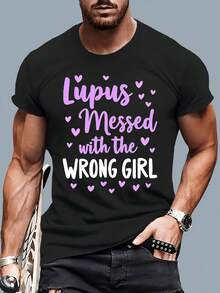 Lupus Awareness T-Shirt For Men And Women - Slogan "Lupus Messed With The WRONG GIRL" With Purple Hearts, Soft Crew Neck, Casual T-Shirt, Machine Washable, Suitable For Year-Round Wear. - 黑色 - 查看 1
