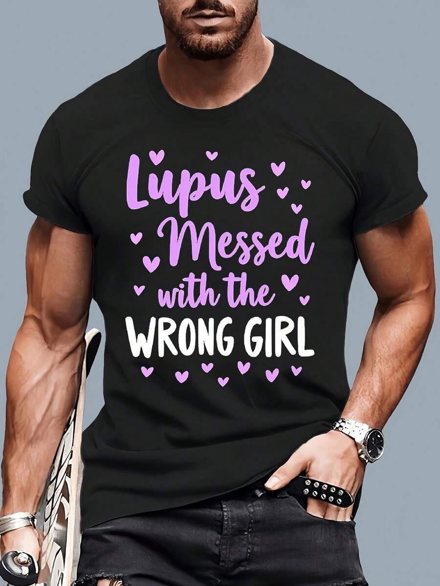 Lupus Awareness T-Shirt For Men And Women - Slogan "Lupus Messed With The WRONG GIRL" With Purple Hearts, Soft Crew Neck, Casual T-Shirt, Machine Washable, Suitable For Year-Round Wear. - 黑色 - 查看 1