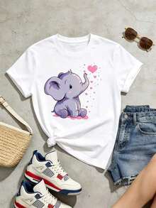 Diseño simple y versátil, camiseta de manga corta de cuello redondo suave y casual para mujer, camiseta de manga corta con estampado de dibujos animados de elefante, camiseta casual de verano para mujer, top, 100% algodón, estilo vintage, estilo callejero europeo y americano, casual deportivo, unisex, estilo casual urbano, top de alta calidad, camiseta de algodón. - Blanco - Ver 2