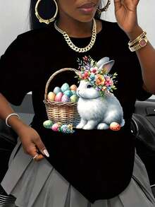 Camiseta Gráfica de Conejo de Pascua con Corona de Flores y Cesta de Huevos para Mujer, Estampado de Animal Bonito para Vacaciones de Primavera, Regalo de Pascua - Negro - Ver 1
