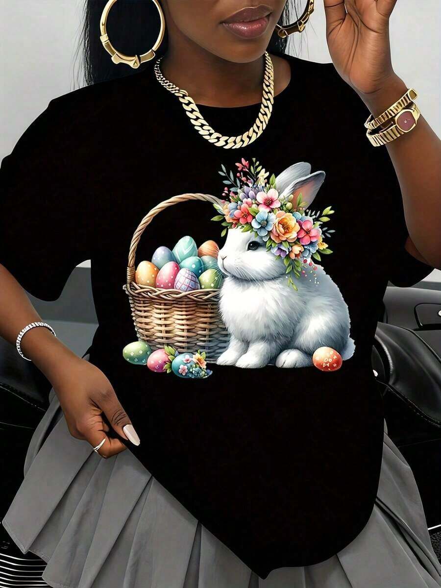 Camiseta Gráfica de Conejo de Pascua con Corona de Flores y Cesta de Huevos para Mujer, Estampado de Animal Bonito para Vacaciones de Primavera, Regalo de Pascua - Negro - Ver 1