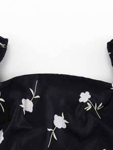 Vestido vacacional floral 2026, cuello barco, manga pompom, corte ajustado largo estilo francés - Negro - Ver 6