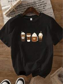 Women's Casual Sports T-Shirt With Digital Illustration Of Coffee Drinks - Black Elastic Round Neck T-Shirt, Machine Washable, Comfortable And Suitable For All Seasons, For Daily Use And Coffee Lovers. - 黑色 - 查看 1