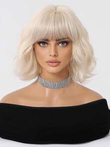 10 Inch Light Brown Wavy Bob Wig With Bangs, Natural Silky Texture Heat Resistant Synthetic Hair, Anti-Tangle Anti-Shedding Breathable Cap, Realistic Look Trending Viral Hairstyle For Daily Wear, Party, And Photoshoot Popular Women Hair Accessory - 白色 - 查看 2