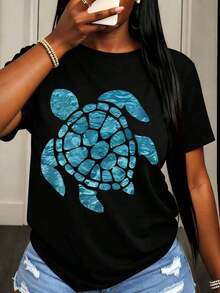 Camiseta de manga corta para mujer con estampado de tortuga marina, ropa casual de playa, conjunto de verano, camiseta de verano - Negro - Ver 1