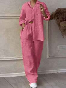 Cardigan casual con cuello polo ligero, blusa elegante de unicolor versátil adecuada para la playa, el diario, el trabajo, las compras, de tela suave, pantalones sueltos con cintura elástica, conjunto de 2 piezas, primavera/verano/otoño - Rosa Fucsia - Ver 9