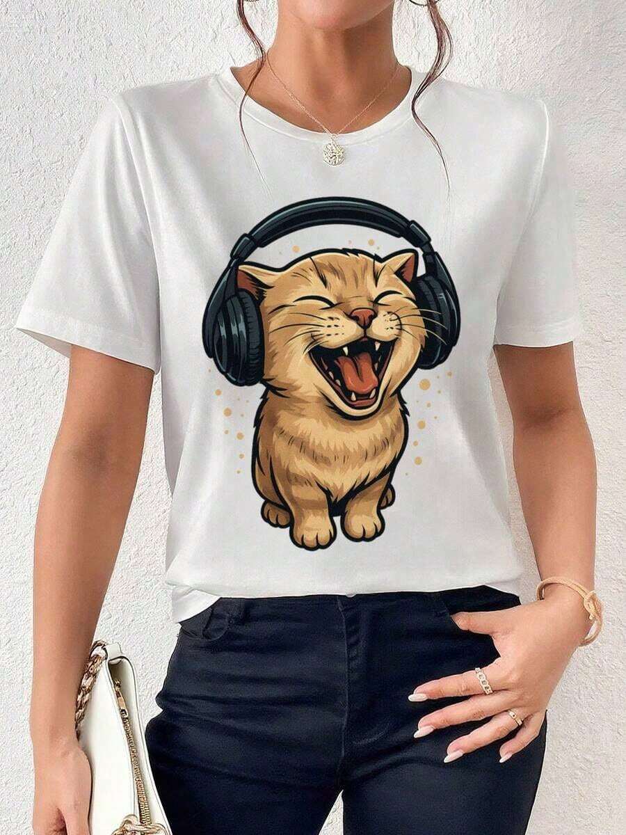 And Women's T-Shirt, Cute Cat - Graphic T-Shirt, Long Sleeve For Women, Minimalist Funny Cat Print, Gift For Friends Men's T-Shirt Tops Sweatshirts For Women Y2k T-Shirt Shirt - 白色 - 查看 1