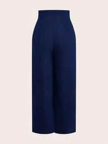 Pantalones anchos de cintura alta con textura, moda casual sencilla para la temporada de vuelta al colegio, estilo de dinero viejo para ir y venir - Azul marino 2 - Ver 2