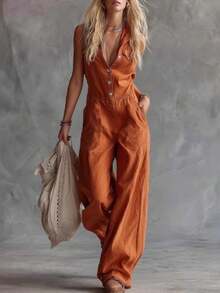 Sleeveless Linen Jumpsuit With V-Neck And Front Buttons, Modern Casual Western Style, New 2026 Collection - 橘色 - 查看 2