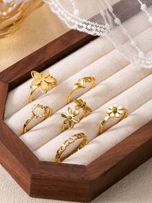 6pcs Minimalist Stainless Steel Ring Set For Women, Includes Flower, Heart, Sun Designs, Suitable For Daily, Holiday, Dating, Engagement, Wedding, Outing, Party Matching - Gold - View 4