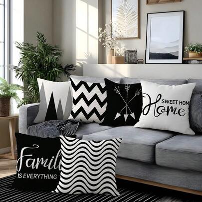 MEMNUN 6pcs Modern Simple Black And White Contrast Color Geometric Print Pillow Covers [No Pillow Insert], 17.7*17.7in(45*45cm)/19.69*19.69in(50*50cm), [Single-Sided Printing], Made Of Polyester, "Home Sweet Home & Family Is Everything" Warm Quotes, Arrows & Patterns, Ins Style Cushion Covers For Sofa, Bed, Living Room, Bedroom, Car, Office, Hotel Decor, Suitable For All Seasons, Perfect Gift For Family And Friends
