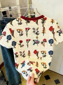 Camiseta de manga corta de mujer con cuello redondo, estampado de cerezas a rayas, de uso casual y versátil para uso diario - Multicolor 2 - Ver 2