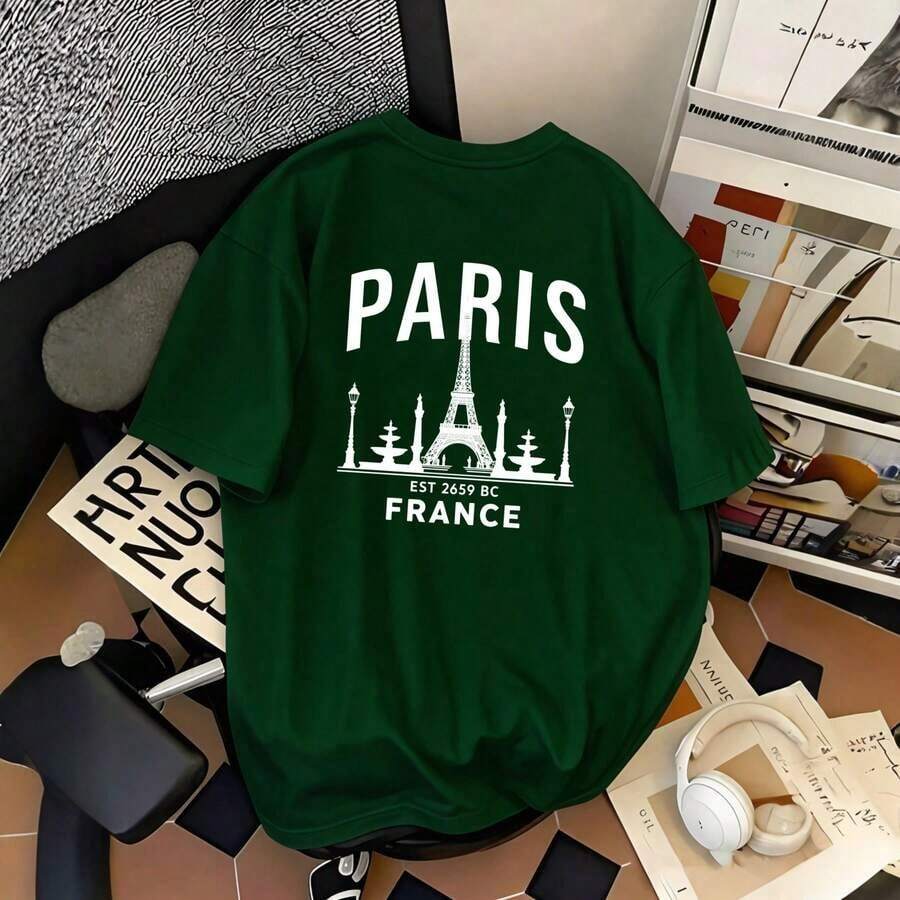 Camiseta de Mujer Oversize con Estampado Gráfico Retro de la Torre Eiffel de París, Diseño de Paisaje Urbano Francés, Uso Diario Casual, Corte Holgado, Lavable a Máquina, Elegante Top para Mujer | Top Casual para Uso Diario - Verde bambú - Ver 1