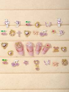 30件組合金美甲飾品套裝，含3D愛心、星星、蝴蝶、鬱金香、櫻花、蝴蝶結亮晶晶水晶裝飾，適用於美甲設計美甲飾品 - 彩色 - 查看 2