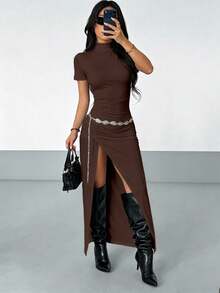 AITYI Studio Women's Slit Dress, Summer Casual Brown Bodycon Ruched Design, Elegant,Ins,Beach,Vacation,Going Out,Back To School,Fall,Halloween - Dark Brown - View 7
