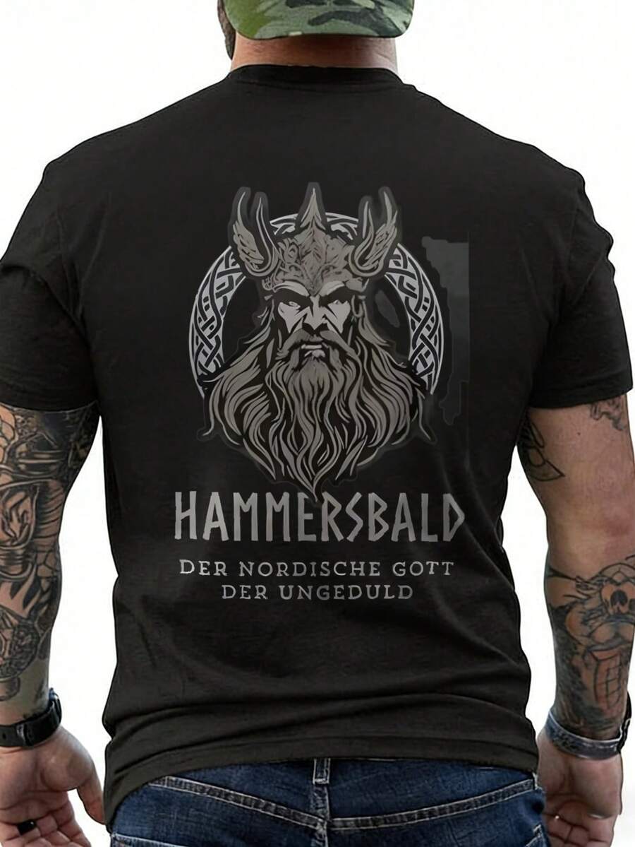 Black T-Shirt With A Norse God's Hammer Motif And Text, For Casual Use, SIZE, Loose And Comfortable. - Black - View 1