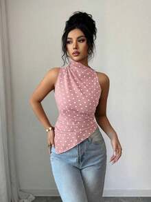 Camiseta de tirantes ajustada con dobladillo asimétrico y lunares rojos para mujer - Rosa - Ver 4