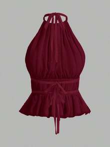 Top sin espalda con cuello de halter y cintura anudada con pliegues para mujer - Burdeos 2 - Ver 8