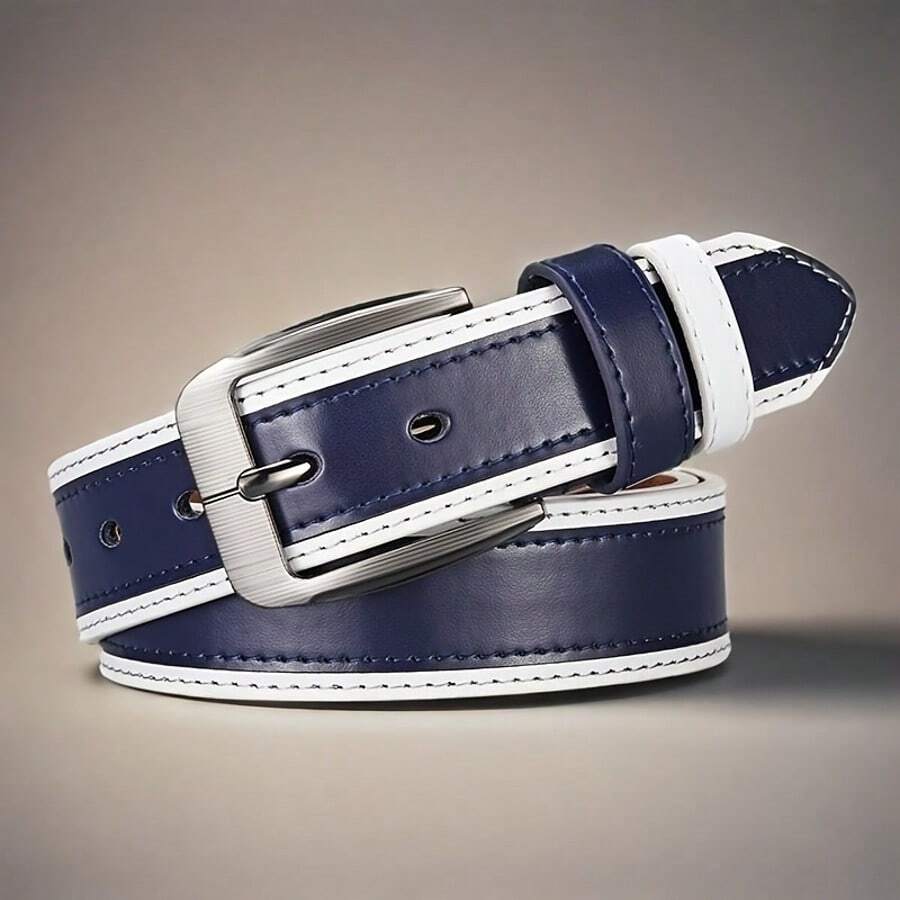 2-Color Casual Unisex White Faux Leather Belt With Rectangular Buckle, Suitable For Jeans, Ideal Gift - Multicolor - View 1