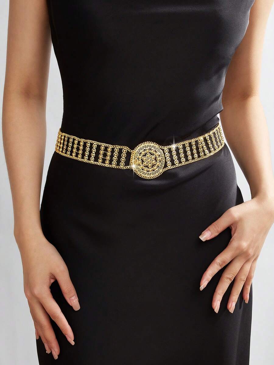 Mgyi Jewelry Gold Plated Multi-Row Hollow Round Embossed Buckle Waist Chain, Wide Body Chain For Women, Versatile Accessory - PYD-049 - View 1