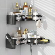 2 piezas Estantería de ducha de esquina sin taladro montada en la pared Organizador de baño con soporte para cepillo de dientes Ganchos Estante de metal antioxidante para almacenamiento de inodoro, cocina, champú, cosméticos y suministros del hogar - 2 años - Ver 5
