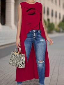 Camisa de mujer sin mangas con estampado de rostro abstracto, corta por delante y larga por detrás, con silueta en línea A - Rojo - Ver 1