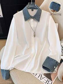 Camisa de efecto de mezclilla de parchwork casual para mujer, otoño/invierno - Blanco 3 - Ver 1