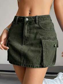 Falda vaquera de cargo de unicolor de verano para mujer - Verde militar - Ver 6