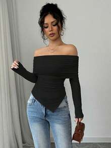Camiseta elegante de mujer con hombros descubiertos, solapa ancha, dobladillo con cordón y ajuste delgado, para primavera y otoño - Negro - Ver 4