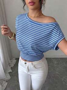 Camiseta casual de punto asimétrica y vintage, que estrecha la cintura y estiliza, con estilo francés de moda, adecuada para primavera/verano en el trabajo y para ir y venir - Multicolor 5 - Ver 6