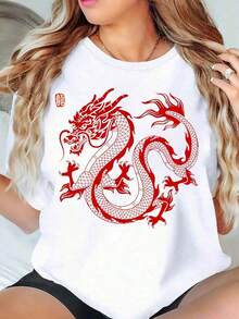 1 Piece Women's Red Dragon Print T-Shirt, Casual Short Sleeve Top, Chinese Mythical Creature Design, Fashion Clothing, 220g180g 100% Cotton. - 白色 - 查看 12