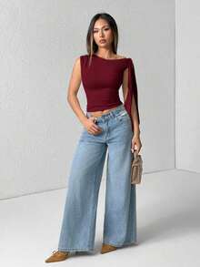 1 pieza Blusa de mujer con cuello oblicuo y lazada de unicolor, de uso casual diario - Burdeos - Ver 6