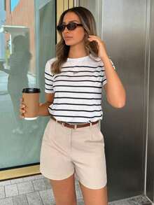 PariChic Camiseta casual de mujer a rayas, camisetas gráficas versátiles para mujer - Blanco y Negro 3 - Ver 3