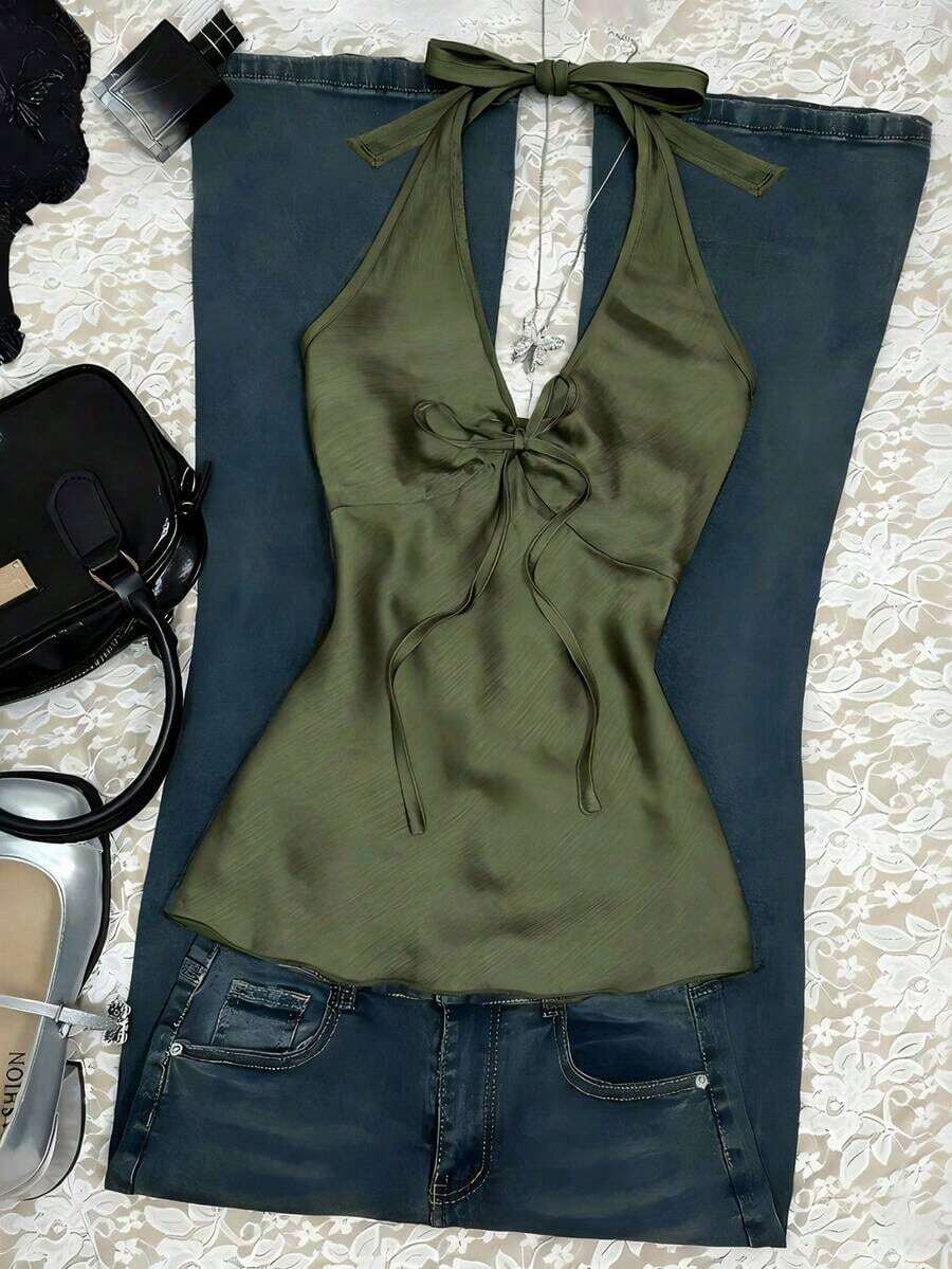 Nuevo top de verano de mujer con cuello halter, cintura fruncida y lazo, sexy y casual para vacaciones - Verde - Ver 1