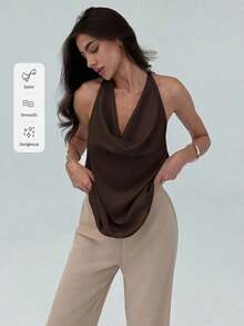 ajustado de mujer de cuello halter con efecto drapeado en un bloqueo de colores minimalista y elegante - Café integral - Ver 8