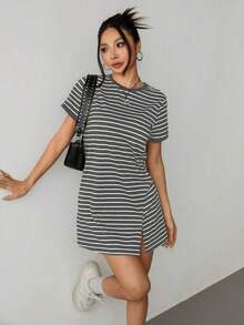 Vestido corto de manga corta para el verano con estampado de rayas y ribete a color block - Gris Oscuro - Ver 3