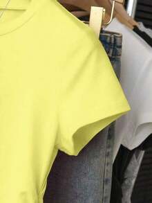 Camiseta casual de cuello redondo de manga corta y unicolor para mujer en verano - Amarillo 2 - Ver 4