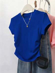 Camiseta casual de cuello redondo de manga corta y unicolor para mujer en verano - azul real - Ver 6
