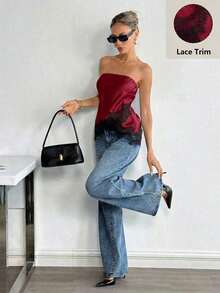 Top bandeau con encaje satinado mate - Burdeos - Ver 1