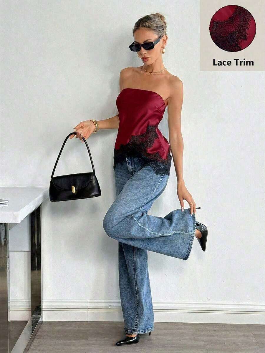 Top bandeau con encaje satinado mate - Burdeos - Ver 1