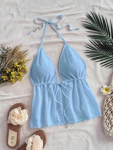 Blusa sin mangas con cuello halter y lazo en la espalda, adecuada para el verano - Celeste - Ver 8