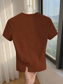 Camiseta ajustada de mujer de manga corta con cuello redondo y decoración de botones en color albaricoque sólido, adecuada para uso diario, casual y versátil, para verano - Marrón - Ver 2