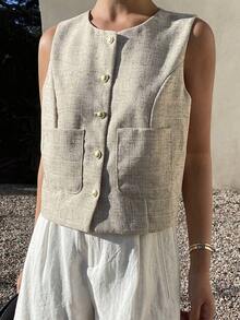 Chaqueta ajustada sin mangas de cuello redondo de unicolor para mujer, primavera y verano - Caqui - Ver 5