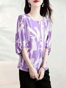 1 pieza Blusa elegante y casual minimalista de mujer con cuello redondo y manga media, con estampado, adecuada para uso diario y vacaciones, primavera/verano/otoño - Morado de taro - Ver 2