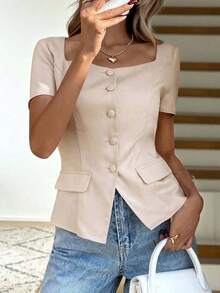 Camisa de unicolor sin mangas con cuello, top de estilo vintage retro para oficina - Albaricoque - Ver 10